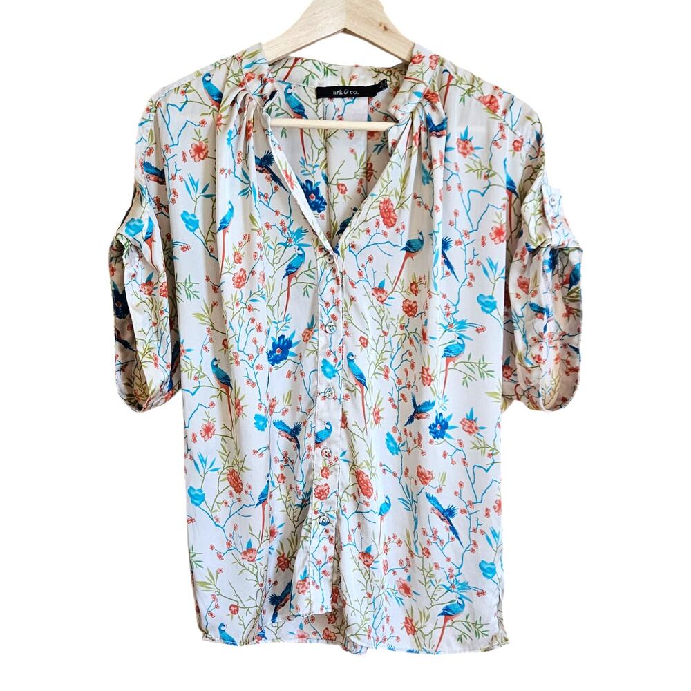 ark & co. Women’s Cream Floral Bird Print Button Down Blouse Large